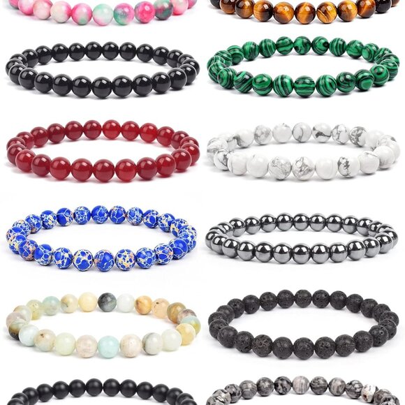 12 Pcs Natural Semi-Precious Gemstone Beaded Stretch Bracelets for Men Women - Picture 1 of 7